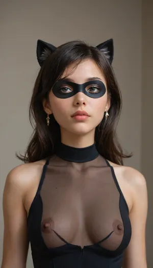 model, sexy, latina womenone latina, super model, black hair, violet parr from the incredibles, thick eyelashes, heavy makeup, hinata, thick lips, extremely beautiful face, barbara from genshin, portrait, sleves, front view, medium boobs, open black dress, transparent dress, nipple visible, brown nipples, skin tight dress, catwoman mask
