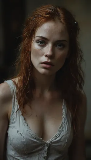 full body view with the face of a young woman in the focused foreground, 22 years old, kneeling in front of the viewer, full of anticipation and submissively waiting for their ejaculation. messy fiery red hair, Her face reflects passion, lust, and desire. Her tongue moistens her lips, green eyes, she moans softly, intoxicated by so much sexual stimulation. Photorealistic skin, freckles, beads of sweat on her forehead and upper lip, ecstasy, joy, and lust, (shallow depth of field:1.7), FRESHIDEAS, Real, Photography, 2#, Black, and, white, art, black, shading, charcoal, toned, brutal, dark, b/w, color, scheme, <lora:FRESHIDEAS Real Photography 2#:.8>, <lora:Black and white art.V1:.8>, <lora:MJ52:.4>