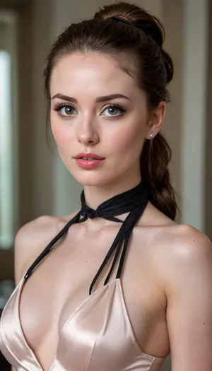 model, brunette, messy ponytail hair, rich, luxury, biting bottom lips, lustful look, big dark eyes, lean body, freckles, thick lips, shy, timid, lustful, dynamic lustful pose, pale skin, ultra high details, award winning photo, detailed face, pretty face, blushing, perfect skin, cutie, (ultra pale skin:1.3), perfect butt, beautiful face, large eyes, pleasure eyes, wide eyes, natural skin, loose braided black ponytail, sexy black eyes, black eyeliner, wasp waist, lean butt, long hourglass figure, hdr, photorealistic, seductive face, bangs, brown office dress, luxury Dress, stylish handbag, elegant heels, luxury Heels, Designer clothes, rich clothes, diamonds