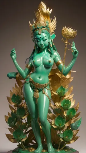 a detailed jade sculptures of a young stunning naked body chinese women bodhisattva Avalokitesvara with naked body full of gold accessories, standing on giant lotus, detailed face, smooth skin, smooth texture