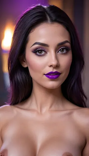 pretty sexy raven queen, with very beautiful breasts, skinny belly, very pretty smiling face, purple lipstick, cigarette in mouth, skinny figure, onoff, <lora:OnoffXL_ExtraCrispy:.8>