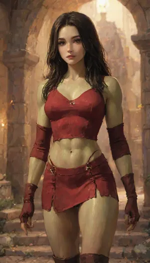 Photorealistic extremely lifelike image of a breathtaking high-fantasy female rogue-warrior standing in a torch-lit stone dungeon chamber. She is a beautiful Hawaiian supermodel woman with light-green skin and a hourglass toned thin athletic physique. She has a heart-shaped face with soft feminine features, large almond-shaped bright-yellow eyes, a narrow rounded nose, and full lips curved in a confident smirk. Her long, straight curly dark brown hair with blonde-highlights flows past her shoulders, slightly tousled from battle.She wears a revealing, sexy rogue intricate outfit made of black leather and crimson fabric—an enchanted Solid Cami Crop Top & Split Thigh Long Skirt Set-style top with cutouts that expose defined abs, and high-slit armored thigh straps that leave most of her strong thick thighs bare. A pair of fingerless gloves and knee-high leather boots complete the look. Her toned arms and sculpted legs show off her physical strength and agility. She has a curved dagger at her side and a glowing arcane "SUN" sigil tattooed on her hip.Her expression is confident and sultry, standing with one hand on her hip, the other resting on her weapon. The background is a fantasy dungeon with stone walls, glowing runes, and faint magical mist. The lighting is warm and dramatic, casting shadows that accentuate her curves and muscle tone, high detail, cinematic lighting, fantasy realism, intricate costume design, 8K, full-body character portrait, RPG character art, sexy fantasy aesthetic, perfect anatomy, best quality, 8k, insane details, intricate details, hyperdetailed, hyper quality, ultra detailed, professional, HDR, ray tracing reflection, highlydetailedbody, realisticface, highlydetailedhair, insanelydetailed, 8K.highdetailedskin, highresolution, perfectfingers, (j_cartoon:1.5), Drawing, Keiani, <lora:Keiani [qqxoix18fe042faa5r222a]:2>, uberfit, muscular, athletic, <lora:uberfit_lora_sdxl:.5>, <lora:samdoesarts1.1-000030:.4>, <lora:J_cartoon:.3>, <lora:Animated_Concept:.4>