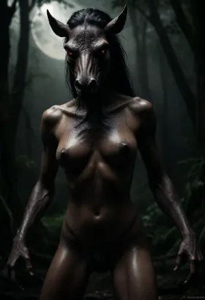 Philippine Mythical creature, (tikbalang), Hybrid Form, A combination of human and horse features, with a horse's head, hooves, and legs, and a human-like torso and arms. Long, Bony Limbs, Often depicted as very tall and thin, with limbs that are disproportionately long, with their knees reaching above their heads when squatting. Claws, Some descriptions include sharp, gnarled claws on its hands. Glowing Eyes, May be described with eyes that glow like embers, huge breast, leather thong, full moon on a dark rain forest in the midlle of the night, <lora:dark:.8>