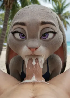(Furry, Judy Hopps from "Zootopia":1.7), ((Disney)), rabbit, black bikini, wet skin, wet bikini, at tropical beach, seductive male pov, blowjob, ((deepthroat)), cum, (lots of cum exploding from mouth:1.5)