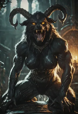 Evil Colossal female Lycan from skyrim, sexy Lycan girl, yellow-eyes glowing, horror, tone, black wet fur, black filigree ornaments, huge boobs, massive muscles under fur, open mouth with lots of sharp fangs, posing on jagged throne, epic backlighting, raytracing, sharp focus, blurred background, artstyle elden ring