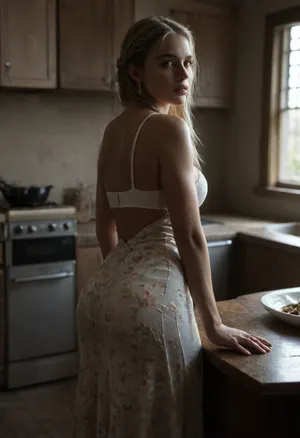 Kitchen, 40 yo insanely hot housewife, bending over kitchen table, hands tied behind back, long blonde straight hair, massive firm breasts, perfect round ass, curvy, floral summer dress, perfect face, incredibly beautiful, so smarxy and sexy, full pouted lips, ready to get fucked, (((ultrarealistic, insanely detailed))), ((white bra underneath dress)), tanned skin, braided hair, <lora:dark:.8>, large, breasts, big, boobs, huge, tits, <lora:bombshell_v2:.8>, bmbplora, <lora:bimboxl_02:.8>