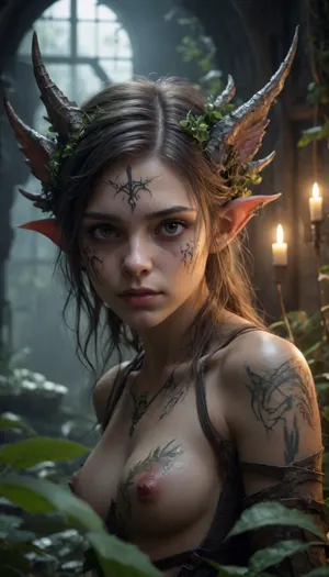 1 a 22-year-old girl is sleeping. Dark fantasy scene-dystopia with a very detailed and atmospheric environment. The world is ruined, but magical — overgrown ruins polluted with glowing anomalies, perverted nature and remnants of vanished civilizations. The light is dim or unnatural, casting eerie shadows. Creatures and characters are mystical, hybrids, animal-like creatures, elves or fairies with dangerous or wild traits. The art style combines elements of cyberpunk and medieval fantasy, featuring muted colors, metallic textures, glowing runes, and post-apocalyptic flora. Emphasize mystery, corruption, and hidden ancient power
