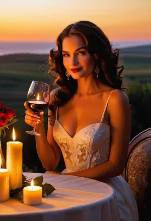 # Weekly Event 66, "A Romantic Evening with a Glass of Wine" 👩🏻‍🦱 🍷 *Get into the spirit of romance with our new challenge dedicated to the "Romantic Evening with a Glass of Wine". The main character of this evening is a beautiful girl, surrounded by the soft glow of candles and a cozy atmosphere. Imagine an elegant table with a snow-white tablecloth, decorated with luxurious flowers, a shimmering glass of red wine sparkling in the rays of the sunset. She radiates elegance and tenderness, long curls frame her face, and an enigmatic smile promises unforgettable moments. Use this inspiration to create stunning works of art that convey the essence of romance and the magic of the evening