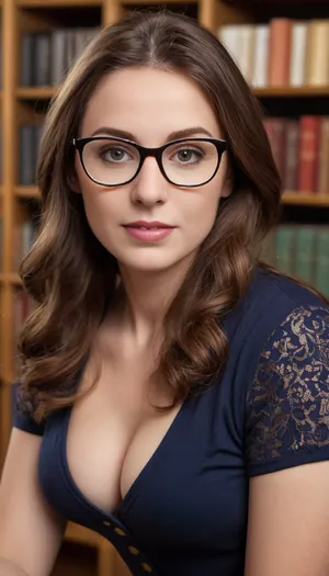 Candid photo, ((Hyper realistic photo)), ((high definition)), ((8k image)), ((highest quality photo)), masterpiece, high detail, ultimate realism, realistic adorable naughty librarian, photorealistic, realistic detailed eyes, realistic detailed face, realistic detailed skin, realistic detailed library, long brown hair, gorgeous, shy, pale skin, gentle smile, (nerdy 30 year old woman:1.4), nerdy glasses, soft full lips, dimples, (large expressive eyes, eyes focus), round breasts, gentle seduction, (sfw, nonude, fully clothed), 3d view