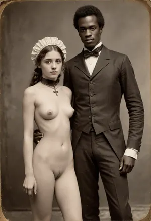 Young girl, (19 years old:1.7), (nude:1.7), pretty victorian girl, (wearing Victorian bonnet:1.6), (wearing steel slave collar:1.5), (outside), (braless:1.6), (topless:1.6), (tall and muscular black man wearing a fancy Victorian suit is standing on her left:1.5), (19th century vintage Victorian photography:1.8), ((tintype:1.8), (dry plate:1.8), (grainy:1.4), real, (facing camera:1.2), shot from a distance, long shot), full body, (steel slave collar:1.8), <lora:ahxl_v1:1.3>
