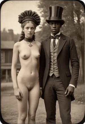 Young girl, (19 years old:1.7), (nude:1.7), pretty victorian girl, (wearing Victorian bonnet:1.6), (wearing steel slave collar:1.5), (outside), (braless:1.6), (topless:1.6), (tall and muscular black man wearing a fancy Victorian suit is standing on her left:1.5), (19th century vintage Victorian photography:1.8), ((tintype:1.8), (dry plate:1.8), (grainy:1.4), real, (facing camera:1.2), shot from a distance, long shot), full body, (steel slave collar:1.8), <lora:ahxl_v1:1.3>