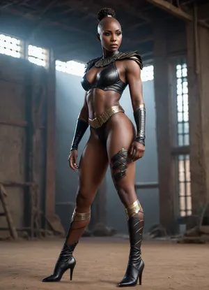 Sudan ebony 20 year old busty woman, extremely black skin, warrior outfit, massive boobs, big tips, bald head, muscular body, strong body, muscular legs, muscular arms, wide shoulders, wakanda, from the side