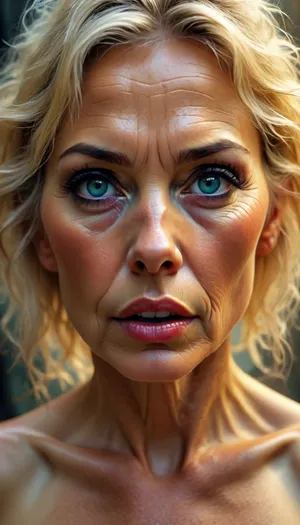 ultrawide-angle graphic hslf-portrait, ultrasexy nude mature lightblonde woman closeup, 55 years old, very narrow ascetic face, Midjourney, MJ, style, poster, but, <lora:Midjourney_style:2>, <lora:BUT_SDXL_SHS:.5>, <lora:street_tones:2>