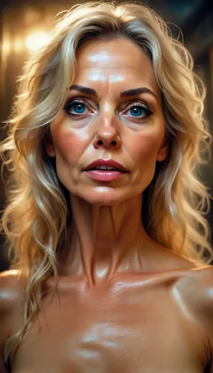 ultrawide-angle graphic half-body portrait, ultrasexy nude mature lightblonde woman, 55 years old, very narrow ascetic face, Midjourney, MJ, style, poster, but, <lora:Midjourney_style:2>, <lora:BUT_SDXL_SHS:.5>, <lora:street_tones:2>