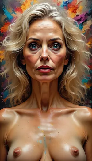 ultrawide-angle graphic half-body portrait, ultrasexy nude mature lightblonde woman, 55 years old, very narrow ascetic face, Midjourney, MJ, style, poster, but, <lora:Midjourney_style:2>, <lora:BUT_SDXL_SHS:.9>, <lora:street_tones:2>