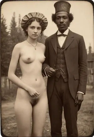 (Young and short and naked Victorian girl:1.6), (19 years old:1.7), (wearing Victorian bonnet:1.6), (bushy pubic hair:1.8), (outside), ((a much taller old black man wearing a fancy Victorian suit is standing on her left:1.5), (old black man:1.5), (standing:1.6)), (19th century vintage Victorian photography:1.8), ((tintype:1.8), (dry plate:1.8), (grainy:1.4), real, (facing camera:1.2), shot from a distance, long shot), full body, h41ry, <lora:h41ry:.4>, <lora:ahxl_v1:.9>