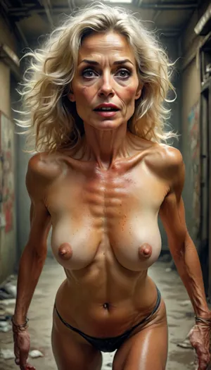ultrawide-angle body portrait, ultrasexy nude athletic mature lightblonde woman, 55 years old, very narrow ascetic face, Midjourney, MJ, style, poster, but, <lora:Midjourney_style:2>, <lora:BUT_SDXL_SHS:.5>, <lora:street_tones:2>
