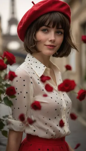 (ziprealism), (nostalgic snapshot esthetic), (romantic intimacy, soft regretful smile, soulful eyes, focus on eyes:1.2), (24yo, wearing a red beret, tight collared white blouse with small black polka-dots, red skirt, perfect posture, prim and proper, lei made of roses:1.8), (charming French woman, subtle freckles, pale blue eyes:1.4), (f/2.8, shallow depth of field, de-saturated impressionism, soft lighting, layered composition with subtle foreground, rose petals floating in breeze:1.4), (subtle bokeh:.4), (rich brunette hair, shaggy French Bob cut hair with blunt bangs, thick voluminous hair:1.8), (large expressive eyes, sad eyes, perfect eyes), (full sensual lips, pale skin), <lora:style_lora_realis:.8>