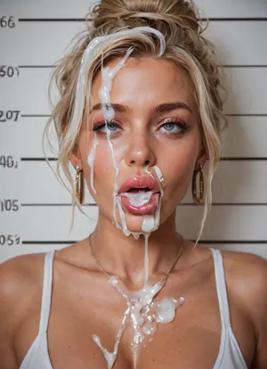 score_9, score_8_up, score_7_up, score_6_up, 1girl, MILF, bimbo, whore, slut, slutty face, blond hair, hair is tied in a bun, lush hair, pink lipstick, large lips, duck lips, perfect face, detailed, ahegao, (rolling eyes), tongue, excessive cum, mugshot, front view, cum on hair, clothed, white highlights