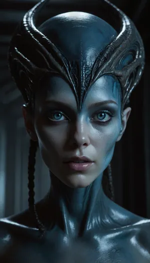 An alien woman with a smooth, metallic blue skin, large blue eyes, and a sleek, bioluminescent headpiece. Her face has a mix of human and insect-like features, with blue markings and exposed musculature and veins on her neck. Background is a dark, futuristic corridor with metallic textures. Lighting is soft, highlighting her facial features and headpiece.
