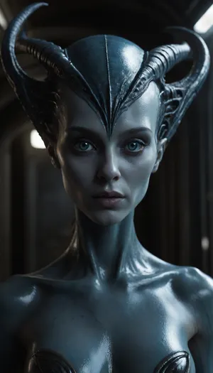 An alien woman with a smooth, metallic blue skin, large blue eyes, and a sleek, bioluminescent headpiece. Her face has a mix of human and insect-like features, with blue markings and exposed musculature and veins on her neck. Background is a dark, futuristic corridor with metallic textures. Lighting is soft, highlighting her facial features and headpiece.