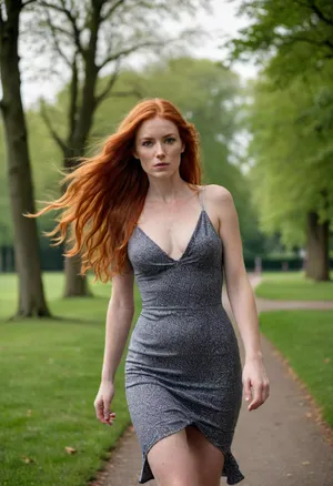 Lush Irish mature housewife, very long red hair, walking in the park, freckles, wind blowing through long hair, low-cut dress, tight mini dress, very figure-hugging mini dress.