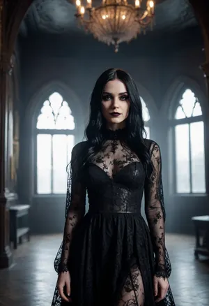 goth girl, evil smirk, ethereal, long black hair, intricate transparent lace gothic dress, gothic interior