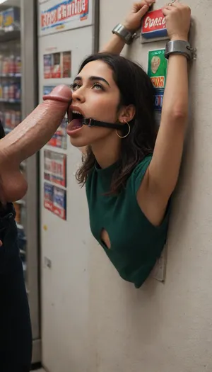 (glory wall:1.2), (bust and head sticking out of a round opening with metal rim:1.5), (Muslim turkish girl trapped in vending machine with metal rim:1.3), (dark green cashmere pullover:1.1), (wide mouth spreader ring gag:1.4), (from side), (leaning forward:1.4), (embarrassed, ashamed), (pleading expression), (vintage vending machine:1.3), (box is low mounted, close to floor), (score_9, score_8_up, score_7_up, UHD 8K, masterpiece, best quality, maximum details, natural light, extreme realism, cinematic still), (vending machine is hanging low:1.1), (she stares at man stroking his big penis in front of her face:1.6), (arms restrained with iron rings to the wall:1.2), (shackles around wrists), (arms restrained to wall, arms left and right flat against the wall, multiple iron rings fixing her stretched arms against the wall:1.7)