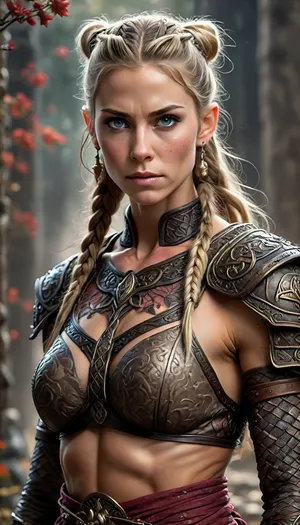 Woman, (((Mature skinny ultralean cruel viking Empress))), Experienced 50 years old battle-hardened warrior queen, wrinkles and battle scars, Entire body portrait, upright standing posture, spreaded lean legs, oil portrait of Viking warrior with very pointy breasts, lace floral covered body with lace sheer, bare breasts, lean body, massive lips, bright Scandiblonde braided hairbun, (viking warrior:1), uberfit, muscular, athletic, Ukiyo-e, Art, <lora:uberfit_lora_sdxl:.2>, <lora:add-detail-xl:1>, <lora:Ukiyo-e Art:2>, Midjourney, MJ, style, poster, manga, anime, <lora:Midjourney_style:.8>