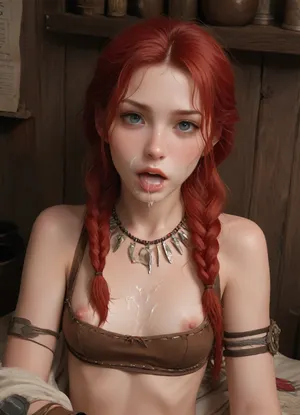 masterpiece, best quality, high resolution, hires, score_9, score_8_up, score_7_up, score_6_up, (Aloy:1.4), detailed face, detailed eyes, long red hair braided on two sides, primitive native American brown cloth outfit with white metal outlining, cloth bra, white metal arm armor, white metal leg armor, clothes moved up to reavil breasts and pussy, long red hair, nerrow face, broad shoulders, thick body, small breasts, perky nipples, bright red pussy hair, thick thys, Aloy laying flat legs out on the center of a table looking at the directly at the viewer, alot of cum on face, mouth open wide, tongue sticking out, cum in mouth, cum on breasts, (mouth overflowing with cum), cum poring out of mouth, in a primitive village, close up under view, incase style, ratatatat74, fantasy, woman, cum, on, face, <lora:287175_training_data:1.5>, <lora:ratatatat74-000050:1.4>, <lora:JustCum:.8>