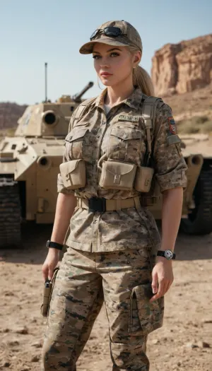 Extremely beautiful female U.S. Marine Gunnery Sergeant, strong and athletic build with a commanding yet graceful presence, tanned skin, sharp focused blue eyes, confident but disciplined expression, large bimbo breasts, blonde hair. Wearing authentic U.S. Marine Corps combat uniform, digital MARPAT camouflage, tactical vest, rank insignia, boots, utility belt, and cap. Standing in a realistic military environment, desert battlefield near armored vehicles. Ultra-realistic, highly detailed, military photography style, cinematic dramatic lighting, heroic and inspiring atmosphere.