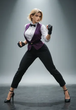 King from The King of Fighters, tall and athletic female martial artist, elegant yet powerful, confident stance. Short blonde hair styled neatly, sharp expressive eyes, strong and composed expression. Wearing her signature outfit, tailored white shirt with bow tie, purple vest, black trousers, fighting gloves, and high heels. Standing in a dynamic fighting pose inside a tournament arena or urban nighttime backdrop. Highly detailed, semi-realistic anime/video game style, cinematic lighting, vibrant colors, heroic atmosphere.