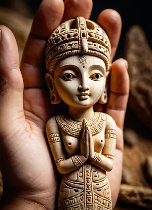 a macro photo of a Neolithic goddes figurine carved from bone in the palm of a primitive human, close-up shot, det'ailed hands