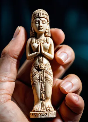 a macro photo of a Neolithic goddes figurine carved from bone in the palm of a primitive human, close-up shot, handslora, <lora:590198_training_data:.8>