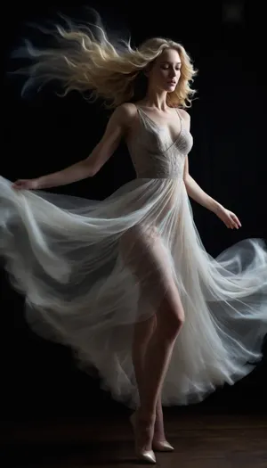 a slender, blonde woman with wavy hair, wearing a sheer, flowing dress and high heels. She's standing in a dynamic pose with her left leg slightly bent and her right arm raised. The dress appears to be billowing around her, creating a sense of motion. The background is dark with swirling light patterns, adding a surreal effect.