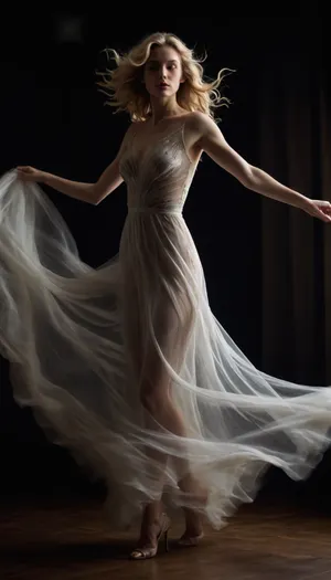 a slender, blonde woman with wavy hair, wearing a sheer, flowing dress and high heels. She's standing in a dynamic pose with her left leg slightly bent and her right arm raised. The dress appears to be billowing around her, creating a sense of motion. The background is dark with swirling light patterns, adding a surreal effect.