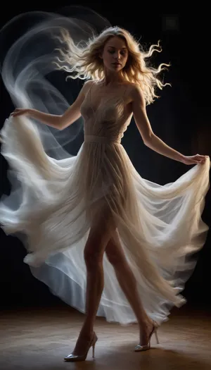 a slender, blonde woman with wavy hair, wearing a sheer, flowing dress and high heels. She's standing in a dynamic pose with her left leg slightly bent and her right arm raised. The dress appears to be billowing around her, creating a sense of motion. The background is dark with swirling light patterns, adding a surreal effect.