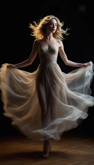a slender, blonde woman with wavy hair, wearing a sheer, flowing dress and high heels. She's standing in a dynamic pose with her left leg slightly bent and her right arm raised. The dress appears to be billowing around her, creating a sense of motion. The background is dark with swirling light patterns, adding a surreal effect.
