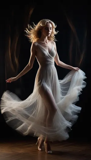a slender, blonde woman with wavy hair, wearing a sheer, flowing dress and high heels. She's standing in a dynamic pose with her left leg slightly bent and her right arm raised. The dress appears to be billowing around her, creating a sense of motion. The background is dark with swirling light patterns, adding a surreal effect.