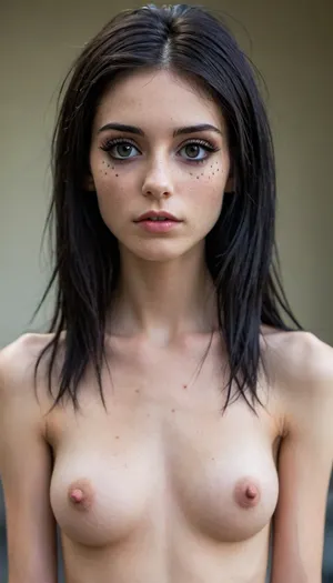 18 year old, (Extremely messy long black hair, cute, Slim, ripped revealing clothes, ((erect nipples)), goth, full body view, (((very Tiny young model))), (((young, topless))), perfect eyes, (((close-up))), small petite body, full body photo, beautiful small cute face, ((((slender body)))), (very skinny:1.4), ((narrow waist)), (((very long big thick eyelashes)))), freckles, <lora:SdXL_better freckles_epoch_16:.8>