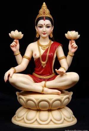 Indian goddess Lakshmi, ivory statuette, sitting on a lotus flower, meditating, with white skin, in a red sari, with gold jewelry, (with four arms:1.7), (each upper five-fingered hand holds a lotus flower, and the lower hands are folded in a prayer gesture 1.6), close-up, entire figurine in frame, realistic lighting, clear image of bone figurine, on dark background, Detailed, hand, Hand, Perfect, Fixhand