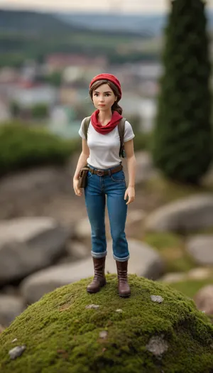 a figurine of a woman standing on a mossy rock, blurred cityscape background, shallow depth of field, bright natural light, woman has brown hair, wearing white t-shirt, blue jeans, red bandana, black shoulder bag