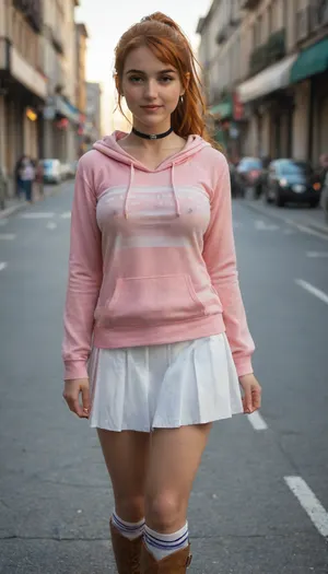 masterpiece, ultra-HD, 8k, usnr, best quality, cinematic lighting, (dramatic lighting), photorealistic, high detail, stunningly artwork, impressionism, (1.5), depth of field, shallow DOF, erotic and aesthetic, (incredibly detailed:1.2), realistic eyes, beautiful eyes, detailed pupils, 1girl, Beautiful girl, adult, nami_, (one_piece), ((ginger girl)), orange hair, long hair, blue eyes, ponytail hair, 25 years old, freckles, body freckles, blush, light smile, seductive smile, hand in hair, wind, hair in the wind, walking, perfect round breasts, medium perky breasts, jewelry, earrings, choker, (Pink hoodie, oversized hoodie, close-fitting hoodie, white skirt, split pleated skirt, mini skirt, long high-socks, see-through striped shirt, down blouse, Lita boots), Street, at noon, sun tray, cobbled street, Eiffel tower, Parisian street, cinematic 35mm lens