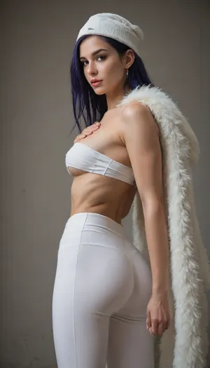 Psylocke, An 18-year-old, very fit, very athletic, slender, white woman with blue eyes, fake medium breasts, wearing a tall white hat, a white fur cape, tight white trousers and a white bandage on her chest, bent over forvard, show ass, hand under chest, side view