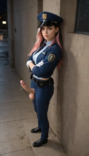 masterpiece, best quality, highres, absurdres, very awa, 1girl, solo, long hair, multicolored hair, black hair, white hair, pink hair, blue hair, ear piercing, lip piercing, policewoman, police uniform, collared shirt, white shirt, police hat, peaked cap, outdoors, sky, night, shadow, scenery, reflection, reflective floor, building, against wall, from side, crossed arms, pink eyes, pants, blue pants, belt, belt pouch, white gloves, jacket, blue jacket, from above, full body, looking at viewer, futanari, mastrubation, erect penis, hard penis, sagging testicles, veiny cock, leaking precum, throbbing cock