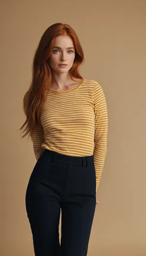 Draw a girl with long red hair, blue eyes and fair skin. She is wearing a striped longsleeve with long sleeves and black trousers. The background is light yellow, creating a soft and warm effect. The girl stands in a relaxed position, slightly tilting her head to the side. One hand rests on the hip, the other is freely lowered. The lighting is soft, emphasizing facial features and hair texture. The image style is a realistic portrait with an emphasis on naturalness and harmony.