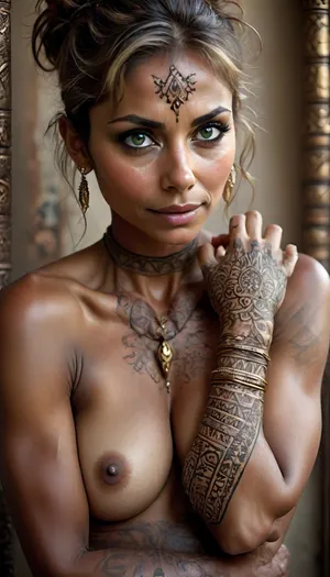 Elegant naked slim tall athletic milf, 55 years old, extravagant pixie darkblonde hair, european, very dark suntanned skin, csasual sex, green eyes, narrow face, high cheek bones, high forehead, long slim neck, firm big natural pointy breasts, bare pussy with thin landing strip, body decorated with bohemian leather strap jewelry, (only wrists with dense geometric bohemian-style henna-like tattos), white studio wall in the background, but, Midjourney, MJ, style, poster, manga, anime, dark, skin, uberfit, muscular, athletic, film, analog, hard, light, dramatic, lighting, fujicolor, c200, fujifilm, xt3, grain, gels, depth, of, field, color, grading, bokeh, RAW, <lora:BUT_SDXL_SHS:1.2>, <lora:Midjourney_style:.7>, <lora:Darker_skin_SDXL:2>, <lora:uberfit_lora_sdxl:.2>, <lora:street_tones:2>
