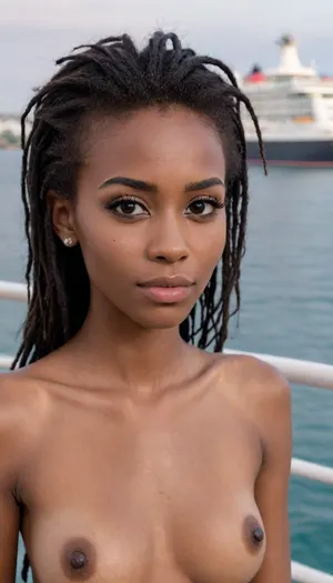 18 year old, on a cruise ship, black skin, (Extremely messy long dreadlocks, cute, Slim, ((erect nipples)), medium breasts, goth, full body view, (((very Tiny young model))), (((young, topless))), perfect eyes, (((close-up))), small petite body, full body photo, beautiful small cute face, ((((slender body)))), (very skinny:1.4), ((narrow waist)), (((very long big thick eyelashes)))), medium breasts, H0t, G0th1c, 1girl, ebony, lipstick, female, piercing, dress, outdoors, <lora:Hot_Gothic:.8>