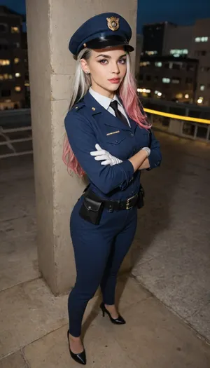 masterpiece, best quality, highres, absurdres, very awa, 1girl, solo, long hair, multicolored hair, black hair, white hair, pink hair, blue hair, ear piercing, lip piercing, policewoman, police uniform, collared shirt, white shirt, police hat, peaked cap, outdoors, sky, night, shadow, scenery, reflection, reflective floor, building, against wall, from side, crossed arms, pink eyes, pants, blue pants, belt, belt pouch, white gloves, jacket, blue jacket, from above, full body, looking at viewer, high heels, black footwear, wide shot, v-shaped eyebrows, smirk, parted lips