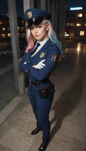 masterpiece, best quality, highres, absurdres, very awa, 1girl, solo, long hair, multicolored hair, black hair, white hair, pink hair, blue hair, ear piercing, lip piercing, policewoman, police uniform, collared shirt, white shirt, police hat, peaked cap, outdoors, sky, night, shadow, scenery, reflection, reflective floor, building, against wall, from side, crossed arms, pink eyes, pants, blue pants, belt, belt pouch, white gloves, jacket, blue jacket, from above, full body, looking at viewer